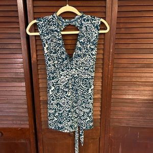 Sleeveless V neck Open Back Teal Ikat Top